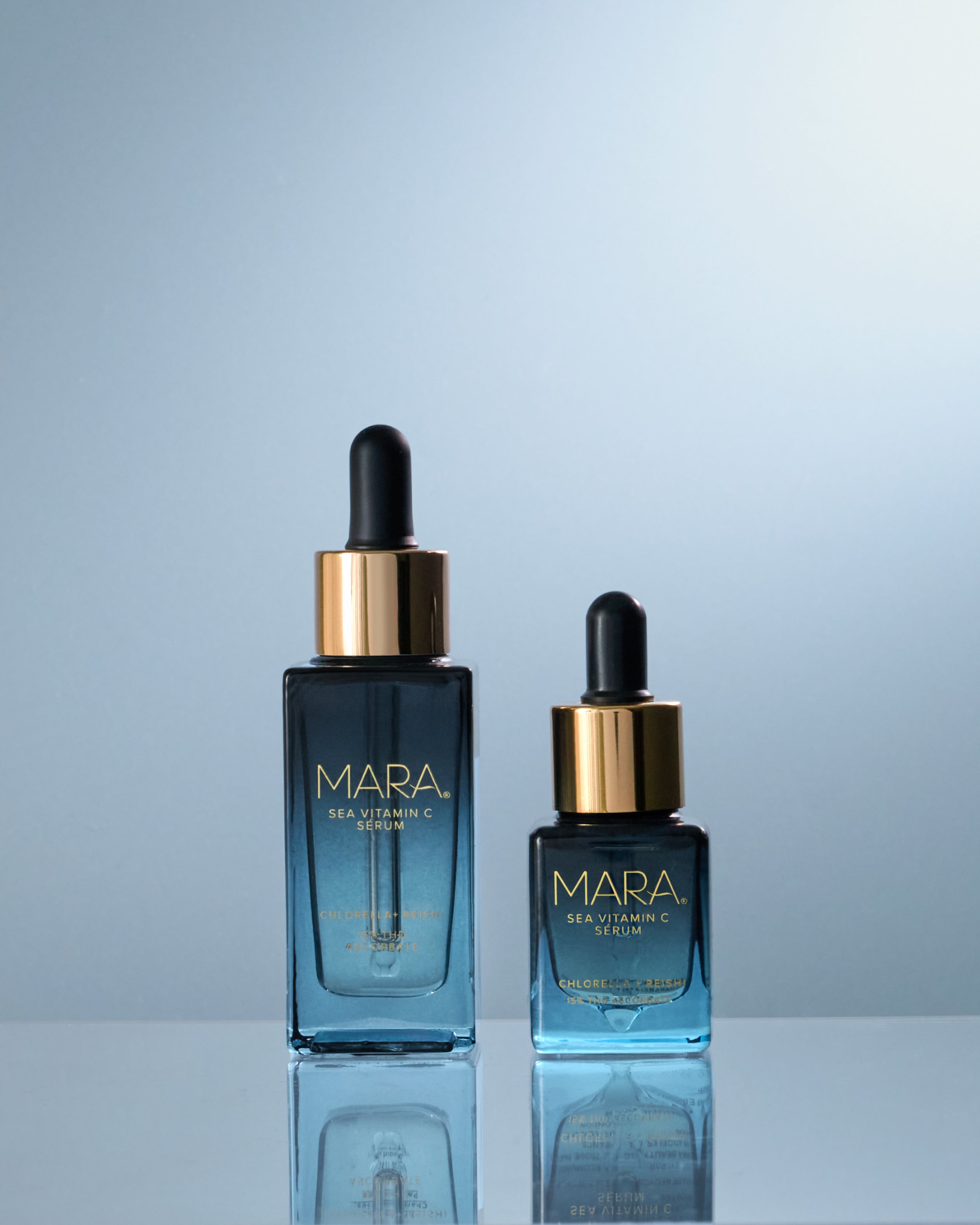 Two sizes of Sea Vitamin C Serum on light blue background