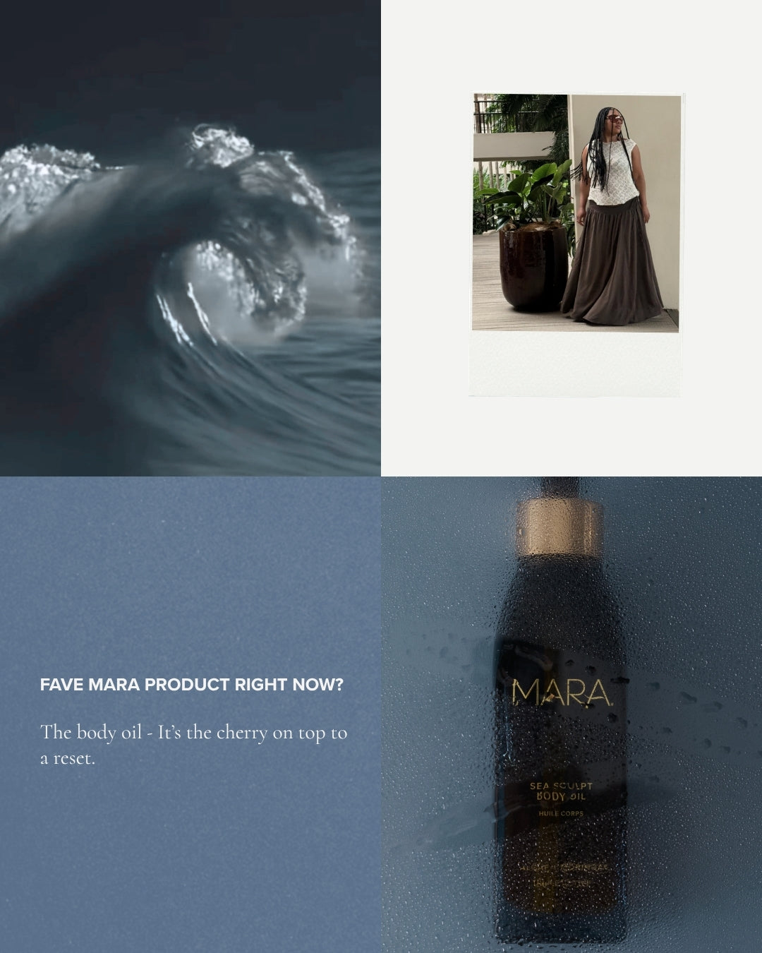 Tara Thomas says body oil is her favorite MARA product with images of her and water and body oil