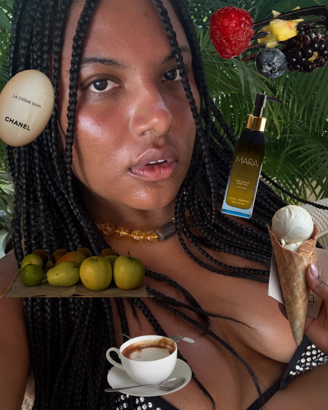 Tara Thomas with collage of items