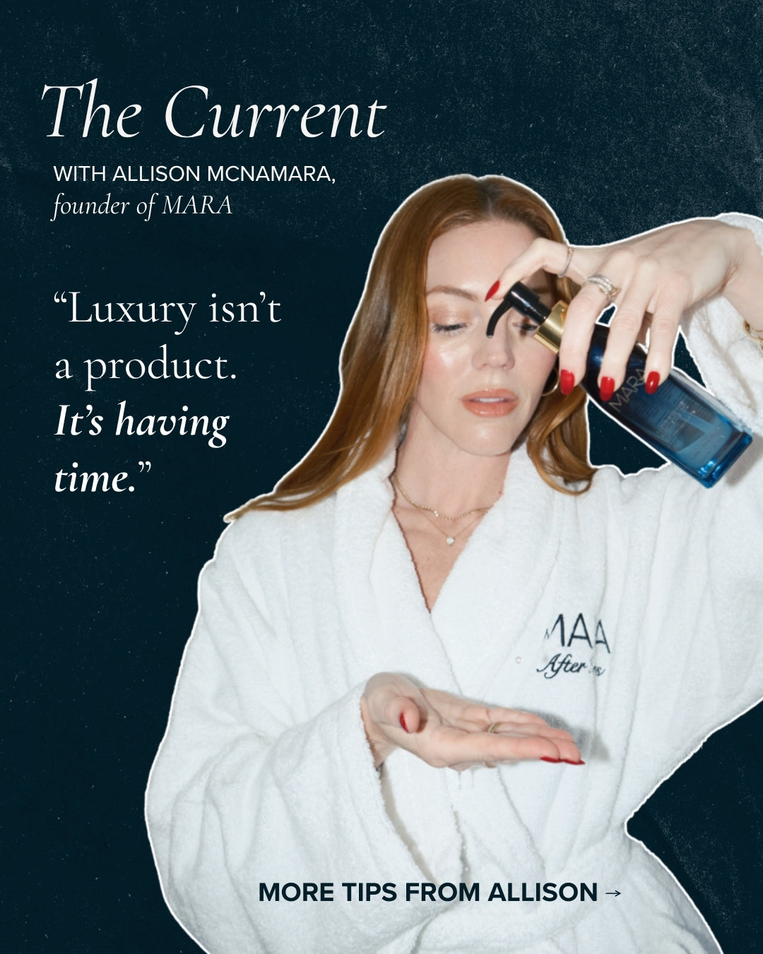 Founder Allison pumping Algae Enzyme Cleansing Oil with quote "Luxury isn't a product. It's having time"