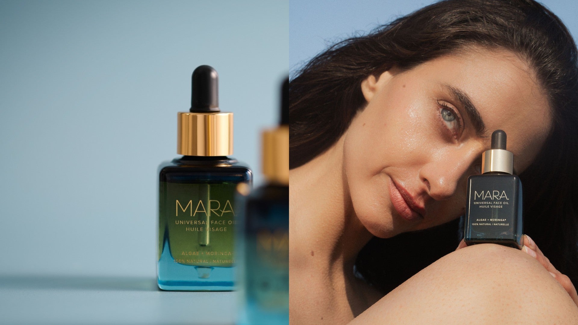 Universal Face Oil on blue background next to Model holding Universal Face Oil on knee