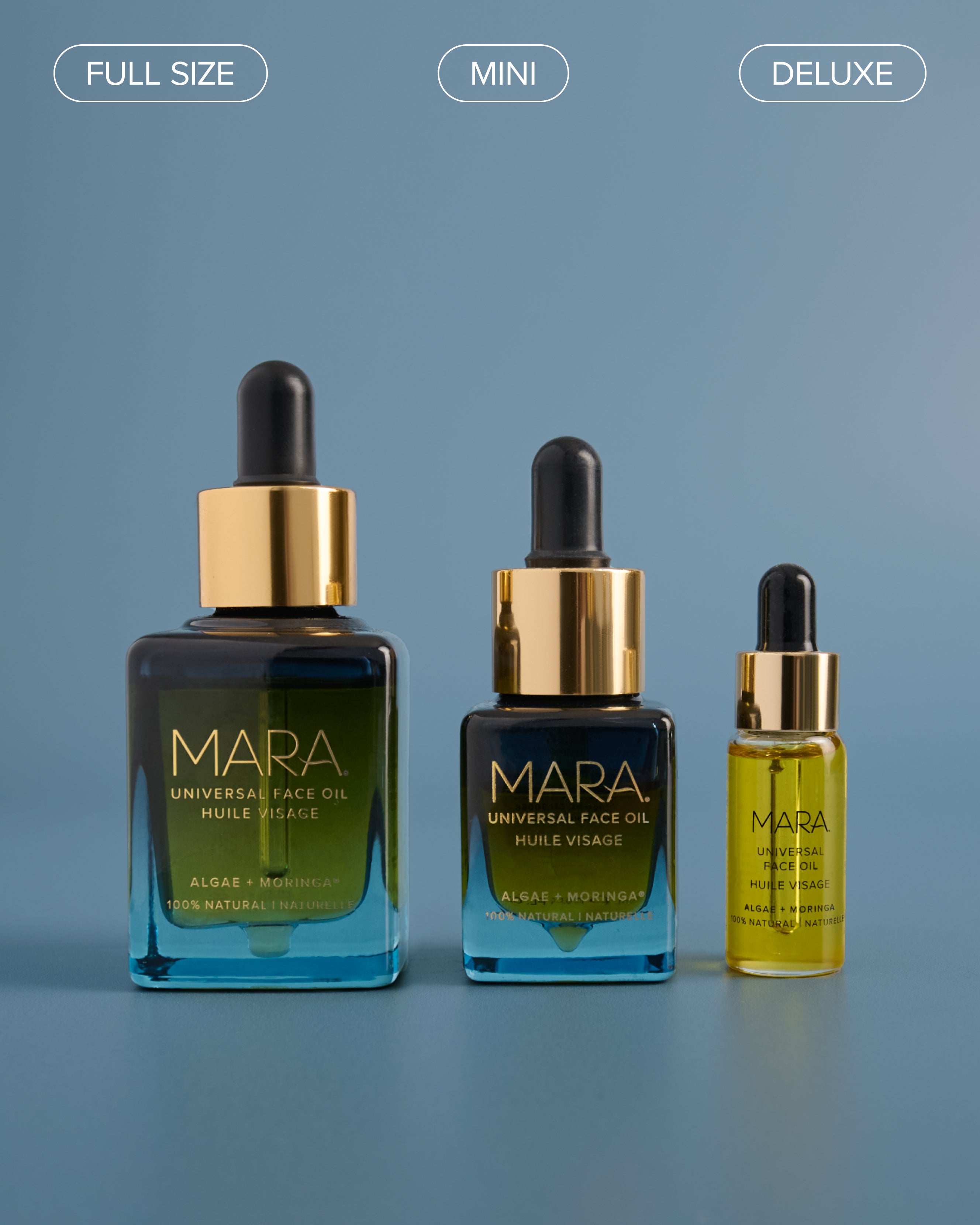 Full size, Mini size, and Deluxe size Universal Face Oil