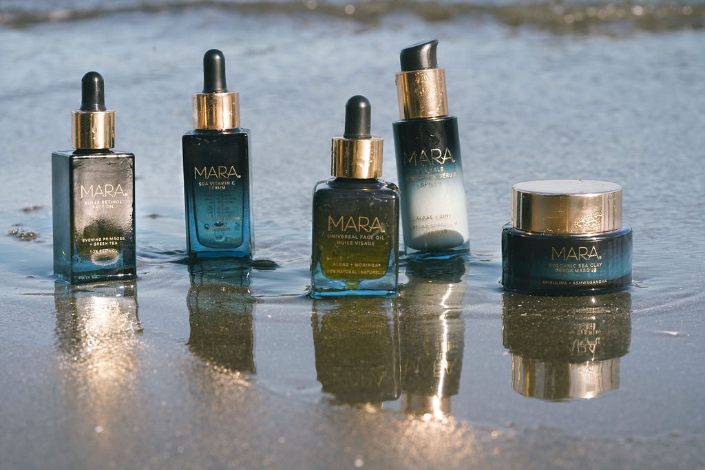 MARA Algae Skincare Products on Ocean Shoreline