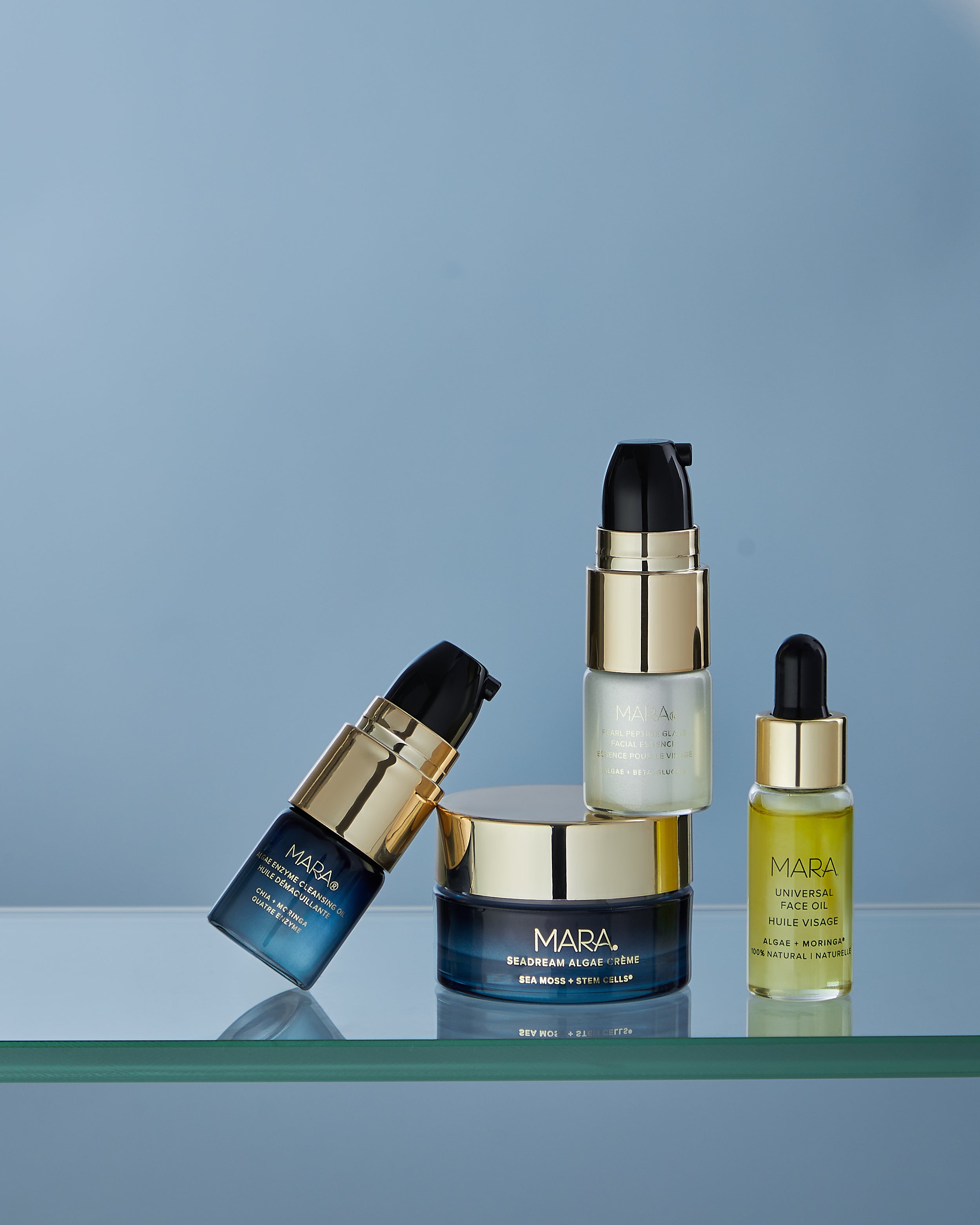 mara intro deluxe set with mini anti-aging skincare routine on blue 