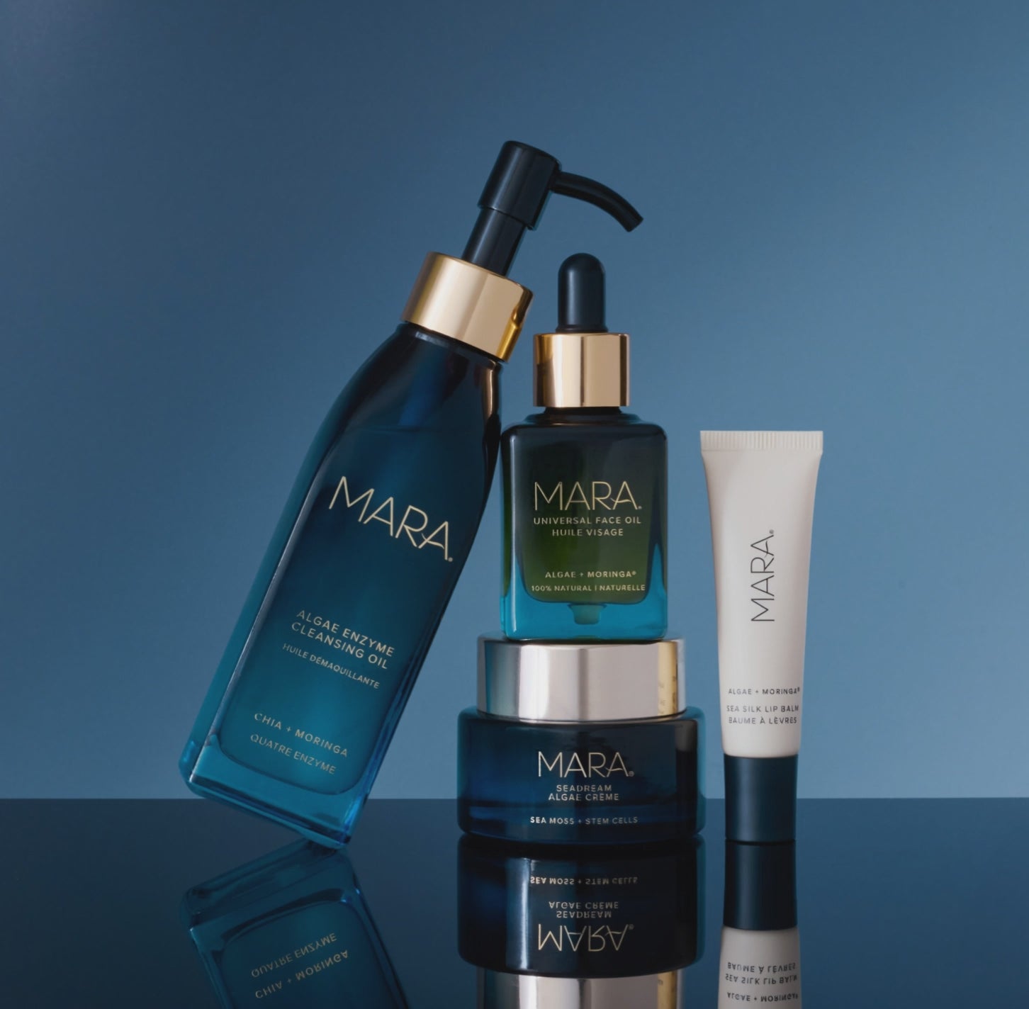 water splashing on Cleansing Oil, SeaDream Algae Creme, Universal Oil, Sea Silk Lip Balm